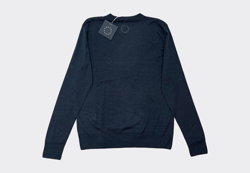Back product shot Bract round neck classic blue fine silk cashmere blend sweater Sphere One Irish knitwear brand