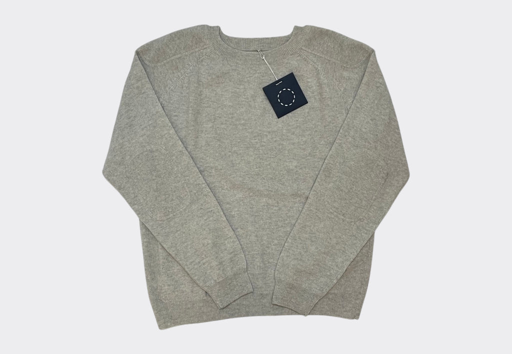 Front product shot midweight round neck Kernel cashmere raglan sweater in nuage grey beige colour with shoulder and elbow patches Irish knitwear design Sphere One