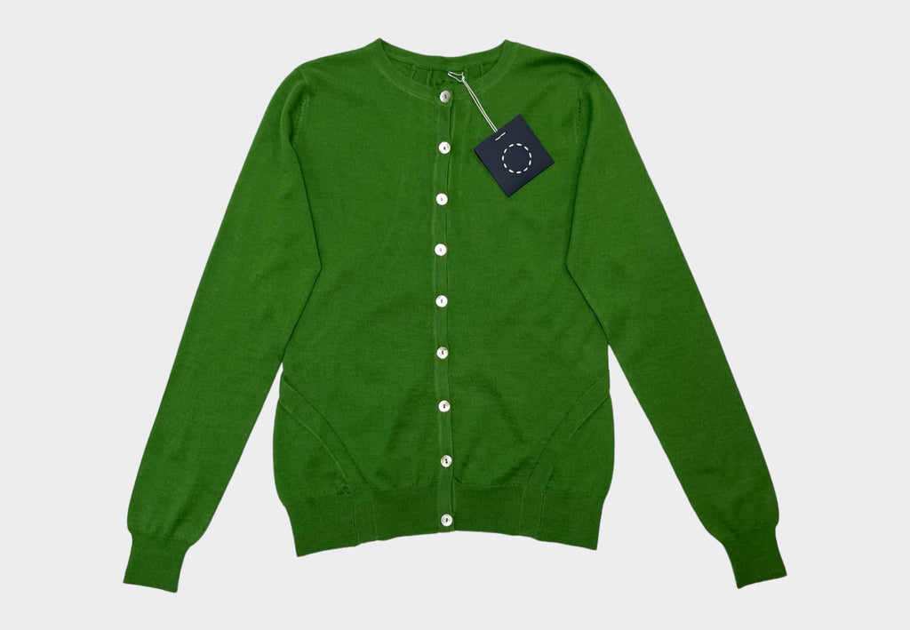 Front product shot Sphere One Fresh green cashmere silk blend cardigan with racer panel and mother of pearl buttons