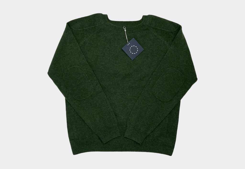 Front product shot midweight round neck Kernel cashmere raglan sweater in Serpentine green colour with shoulder and elbow patches Irish knitwear design Sphere One