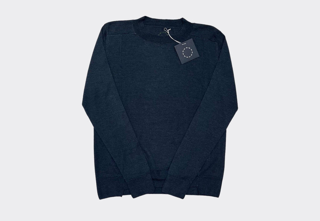 Front product shot Bract round neck classic blue fine silk cashmere blend sweater Sphere One Irish knitwear brand