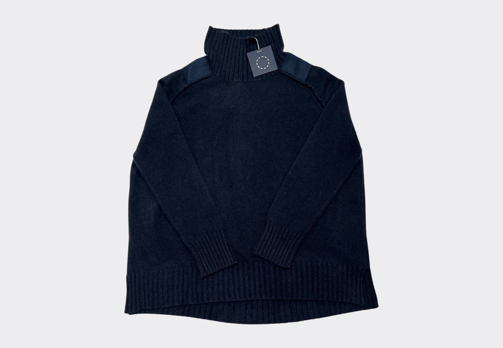 Front product shot style Drama Series 2,dark blue, high neck oversized cashmere sweater with grosgrain shoulder patches Irish knitwear brand Sphere One