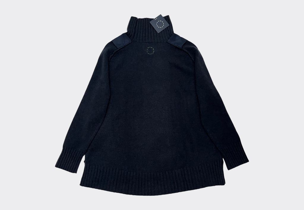 Back product shot style Drama Series 2,dark blue, high neck oversized cashmere sweater with grosgrain shoulder patches Irish knitwear brand Sphere One