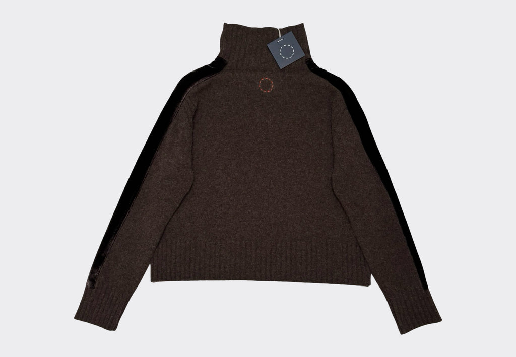 Back product flat lay of brown high neck cashmere sweater with chocolate brown velvet stripes down sleeves and navy circle of stitches logo swing tag