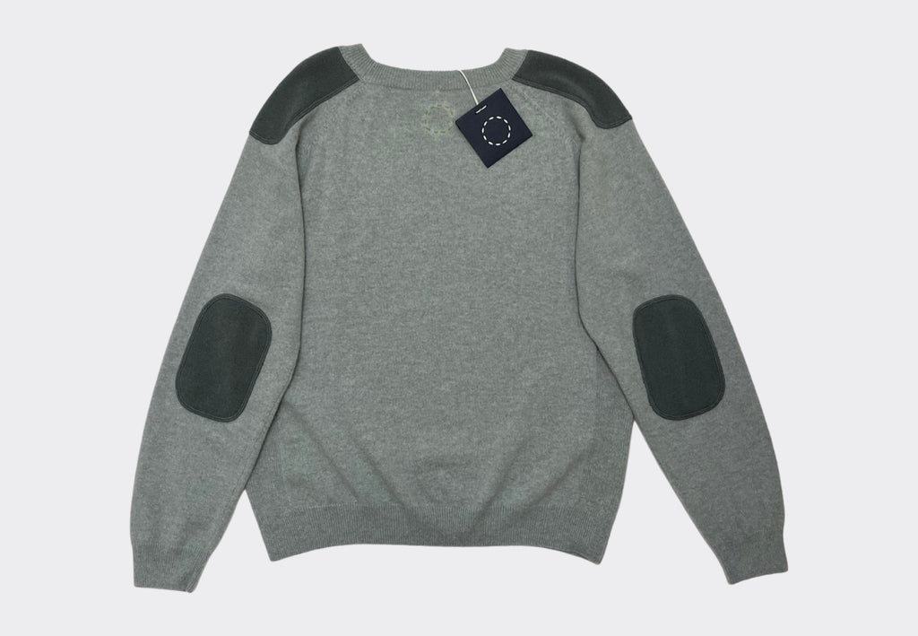 Back product shot midweight round neck cashmere raglan sweater in sage green with tonal green shoulder and elbow patches Irish knitwear design Sphere One