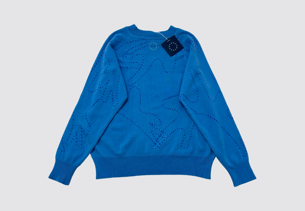 Blue cashmere sweater with round neck and ribbed hem and cuffs with embroidered abstract pattern from Irish knitwear brand Sphere One