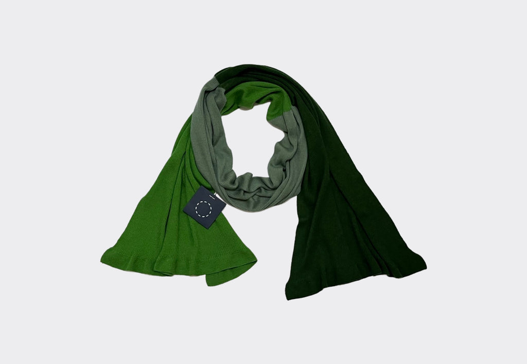 Product shot of Bamboo Scarf long stretchy rib cashmere silk wool blend scarf in colour blocked greens Sphere One Irish knitwear