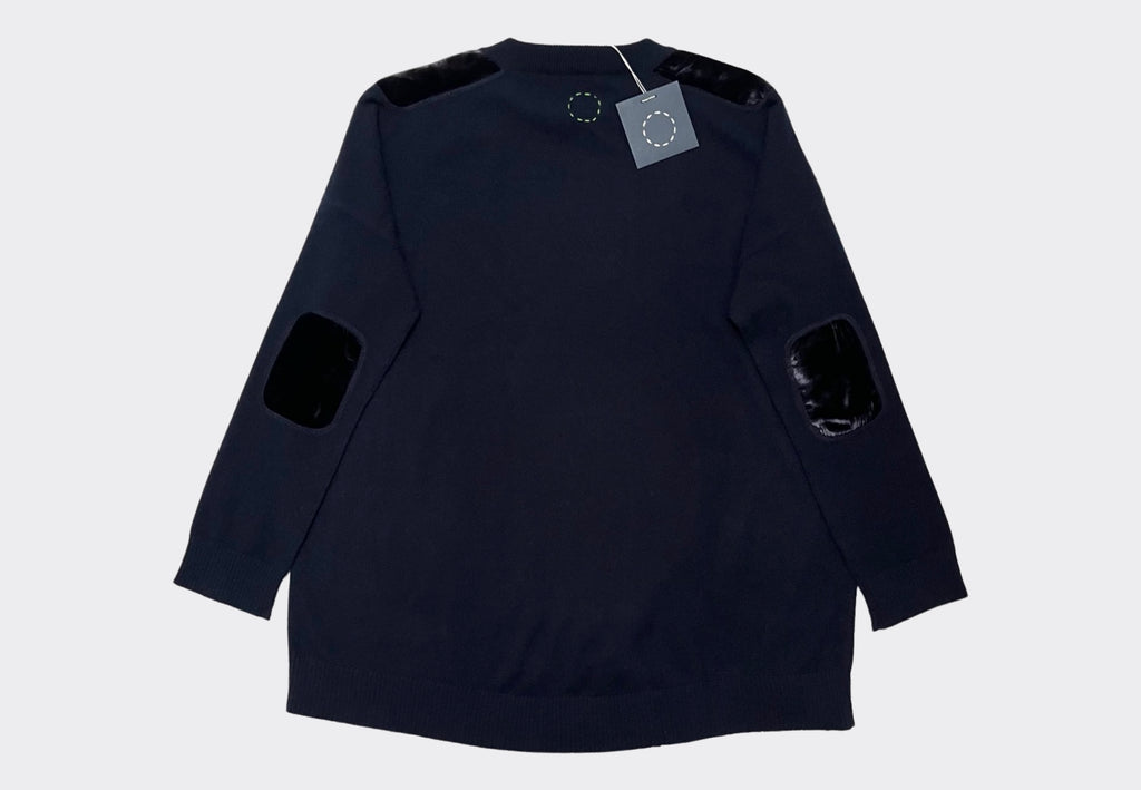 Back product shot Sphere One Box Set navy oversized cashmere sweater with navy velvet shoulder and elbow patches