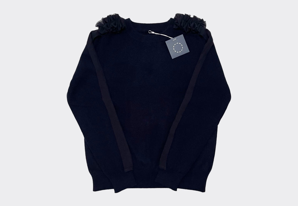 Front product shot of navy cashmere Sphere One sweater with navy ruffle chiffon shoulder and arm detail