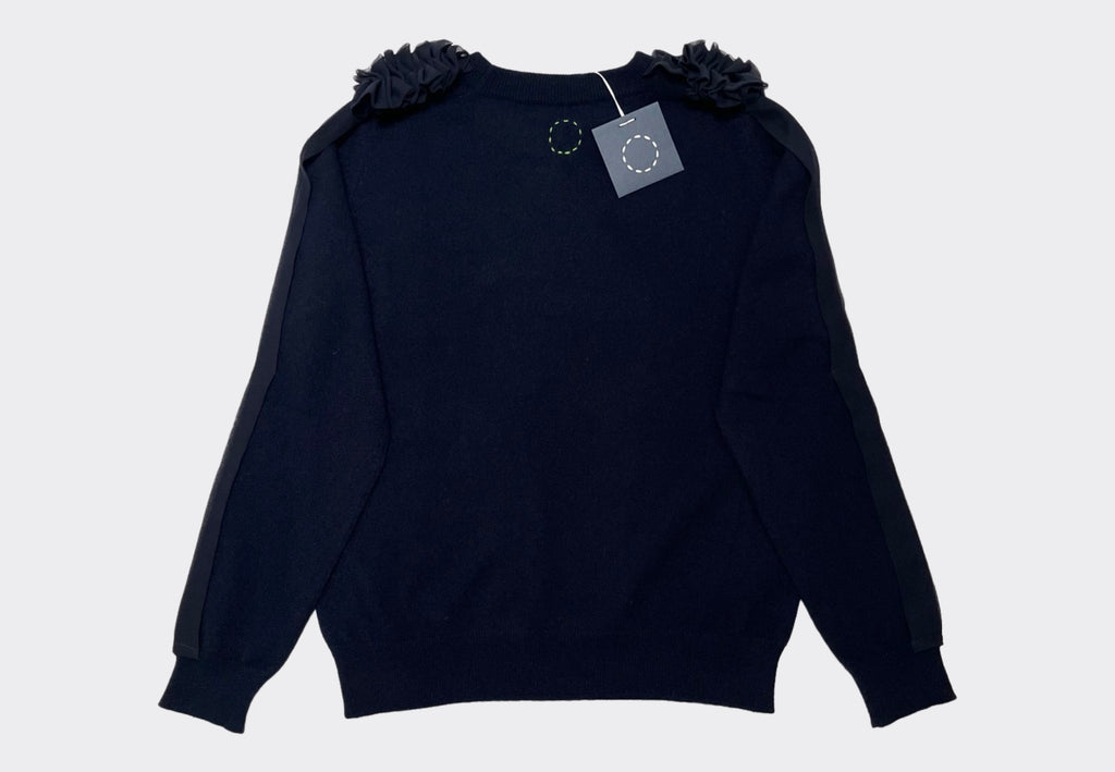 Back product shot of navy cashmere Sphere One sweater with navy ruffle chiffon shoulder and arm detail