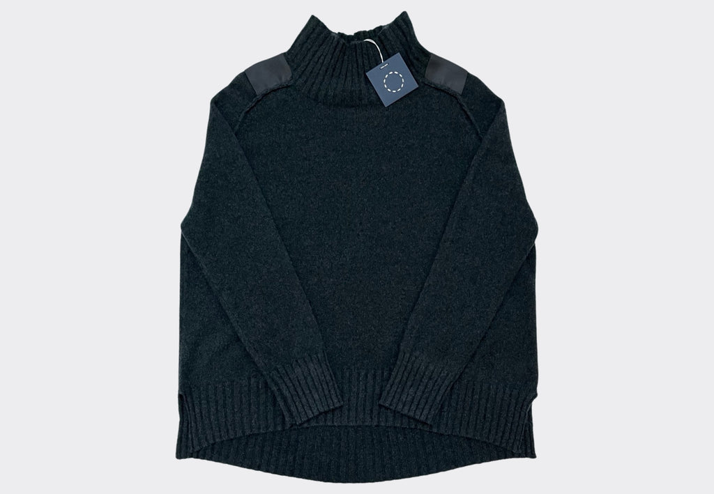 Front product shot high neck oversized dark blue green recycled cashmere sweater with grosgrain shoulder patches