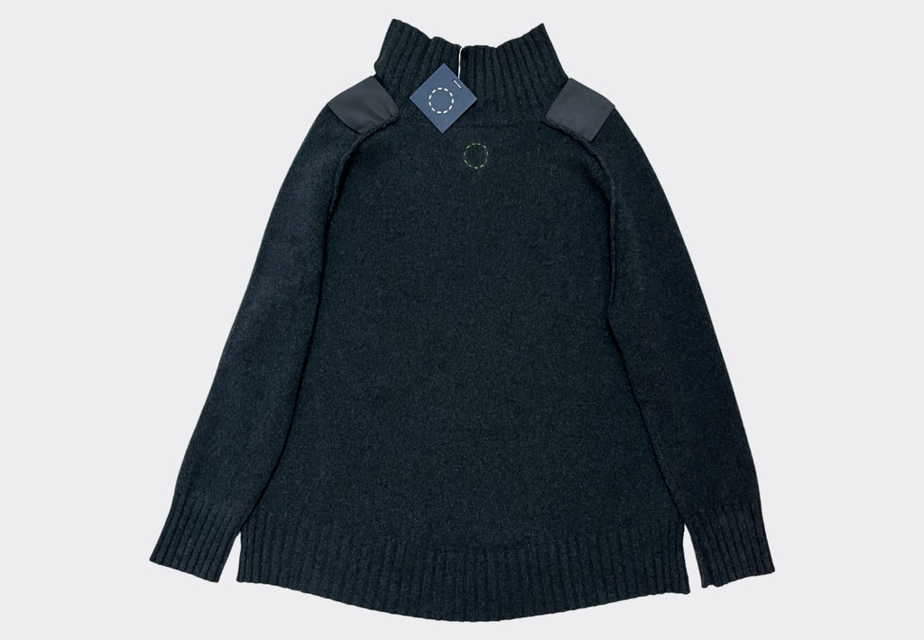 Back product shot high neck oversized dark blue green recycled cashmere sweater with grosgrain shoulder patches