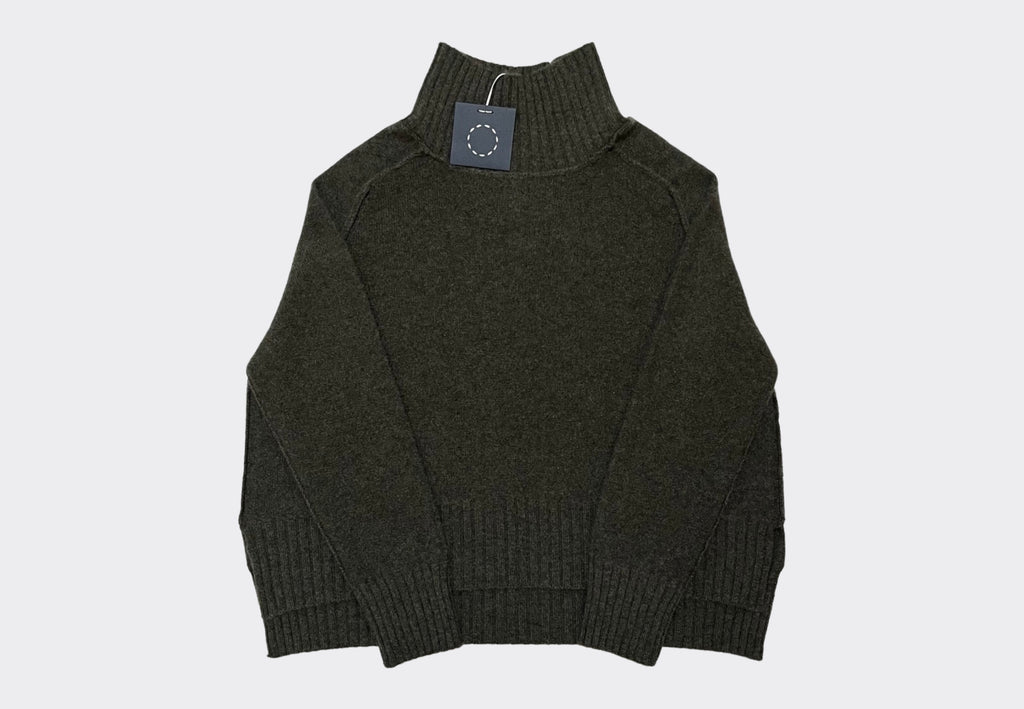 Front product shot Episode high neck cropped oversized cashmere sweater in green colour Overhang Irish knitwear brand Sphere One