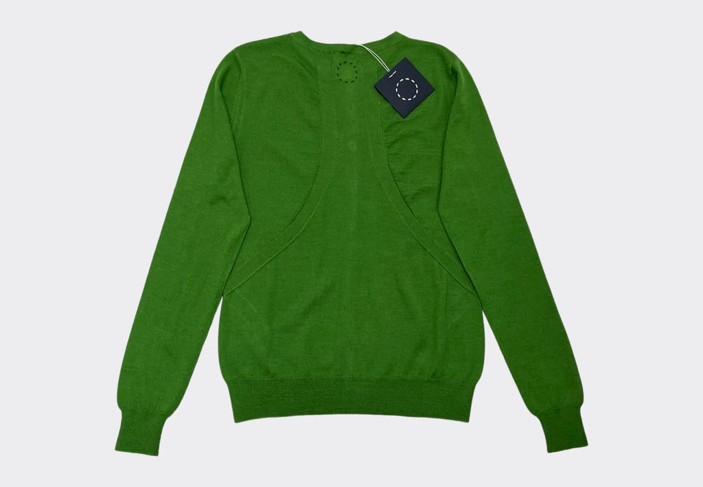 Back product shot Sphere One Fresh green cashmere silk blend cardigan with racer panel and hand stiched logo