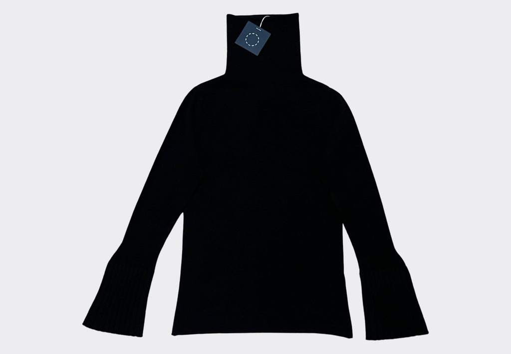 Front product shot black cashmere high neck sweater with wide cuffs Irish knitwear design Sphere One