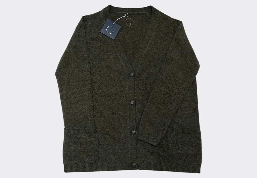 Front product shot dark green v neck cashmere cardigan with four buttons and pockets Irish knitwear label Sphere One
