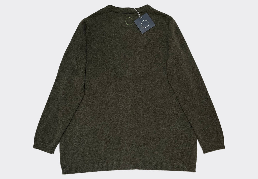 Back product shot dark green v neck cashmere cardigan with four buttons and pockets Irish knitwear label Sphere One