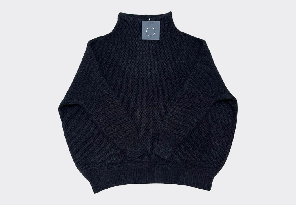 Front product shot Sphere One Skellig honeycomb texture 5 ply dark grey cashmere dropped shoulder funnel neck sweater