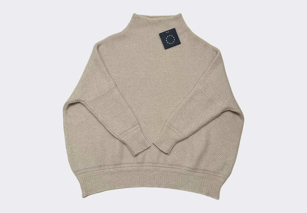 Front product shot 5ply Scottish cashmere honeycomb cream dropped shoulder Skellig sweater Irish knitwear label Sphere One 