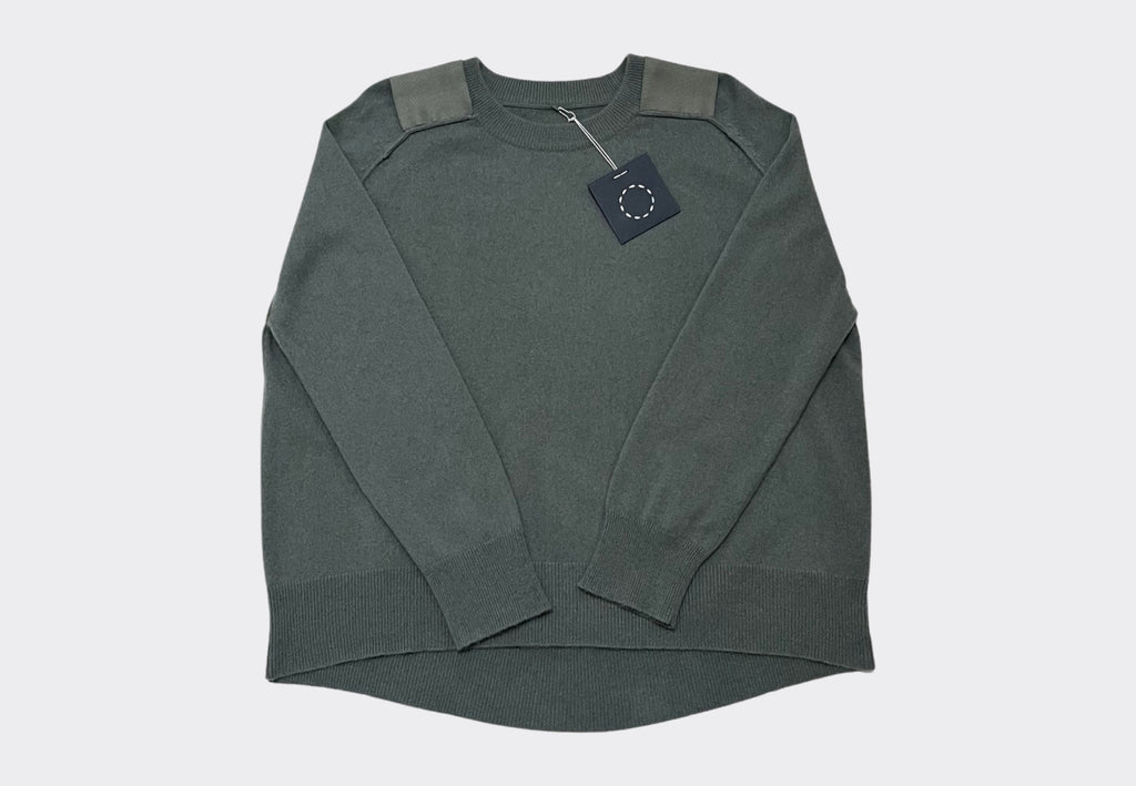 Front product shot round neck cashmere grey green sweater with grosgrain shoulder epauletttes Irish knitwear designer Sphere One