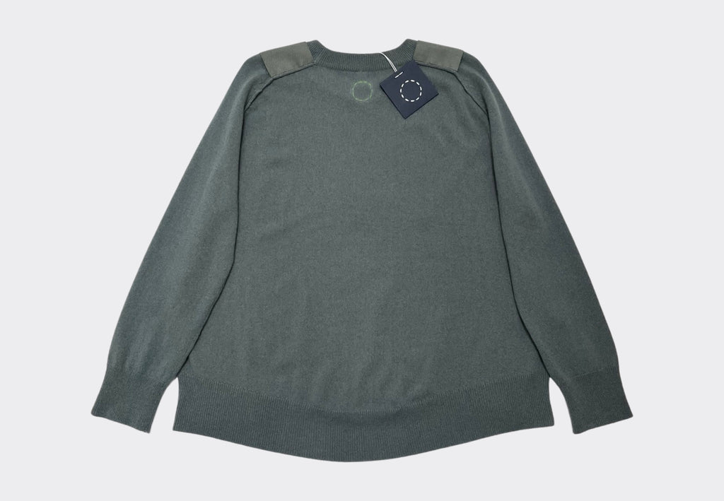 Back product shot round neck cashmere grey green sweater with grosgrain shoulder epauletttes Irish knitwear designer Sphere One