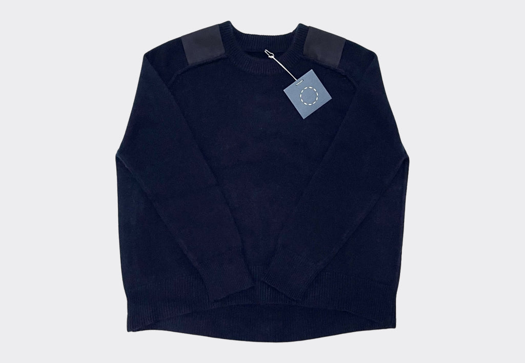 Front product shot Sphere One navy round neck cashmere sweater with navy grosgrain shoulder epaulettes