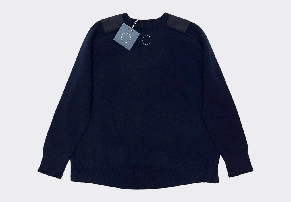 Back product shot Sphere One navy round neck cashmere sweater with navy grosgrain shoulder epaulettes circle of stiches logo at back neck