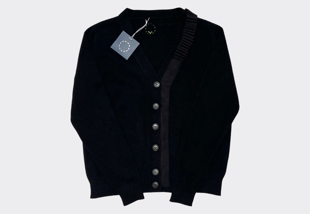 Black VNeck Sphere One cashmere cardigan with buttons and grosgrain detail
